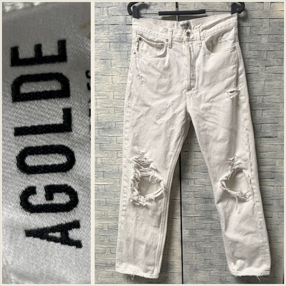 Agolde Denim - AGOLDE 90s Jean Womens 26 White Distressed Straight Leg High Rise Crop Loose Fit
